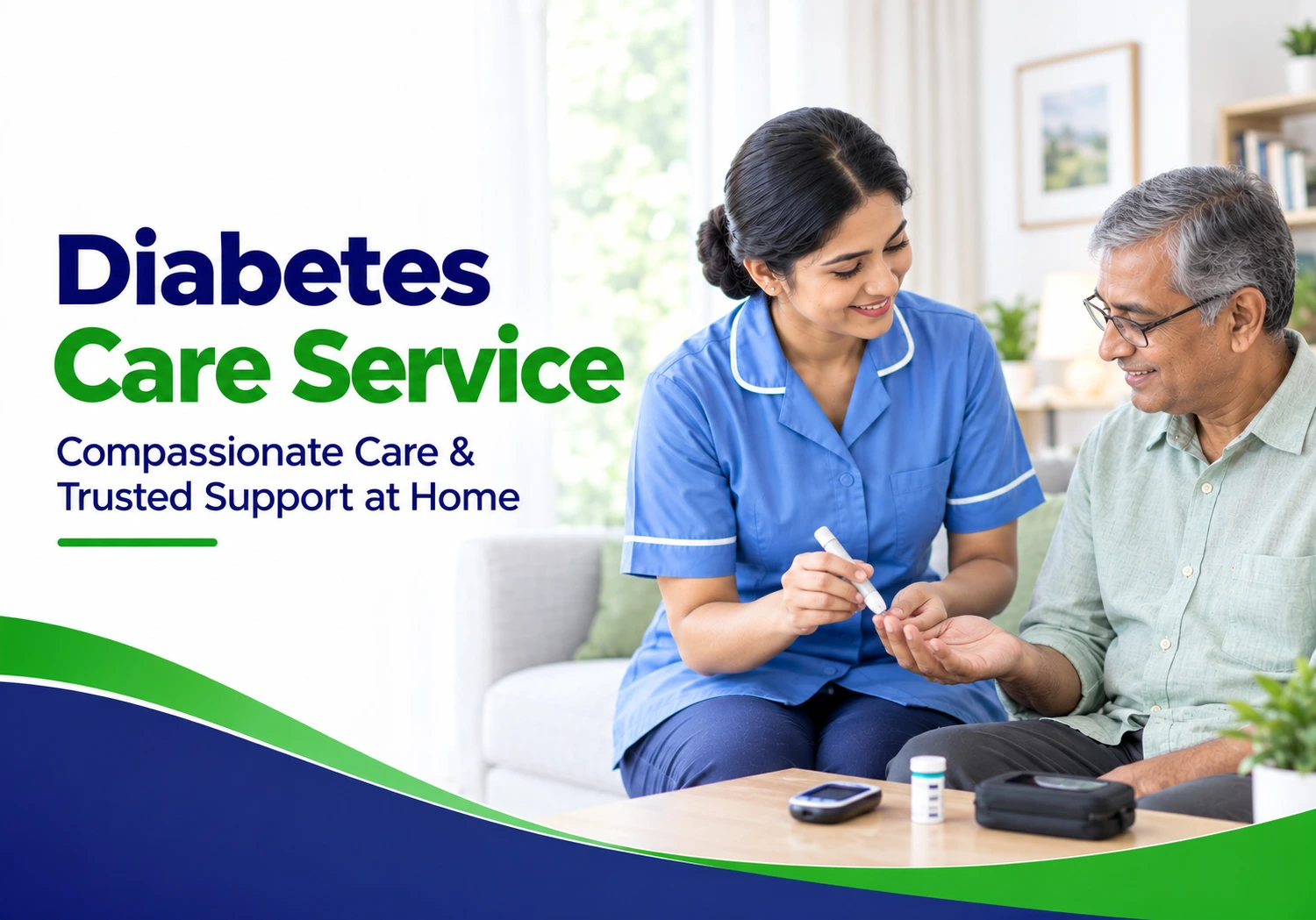 Caregiver checking a patient's blood sugar with a glucometer at home in Dhaka