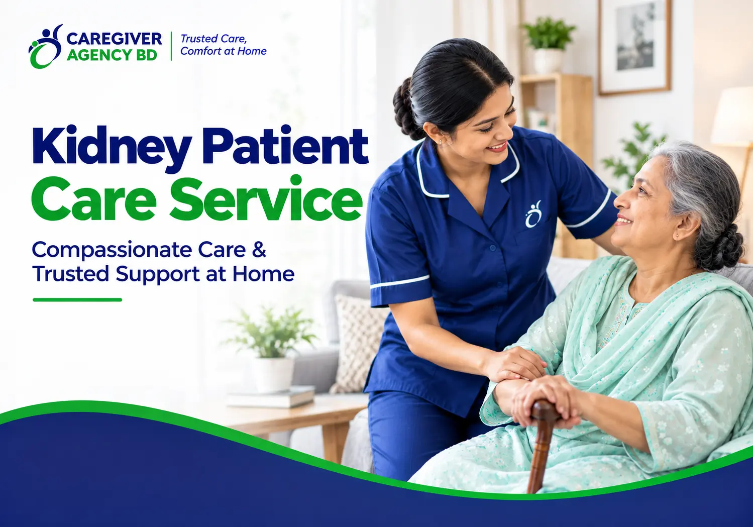 Caregiver helping a kidney patient with daily activities at home in Dhaka